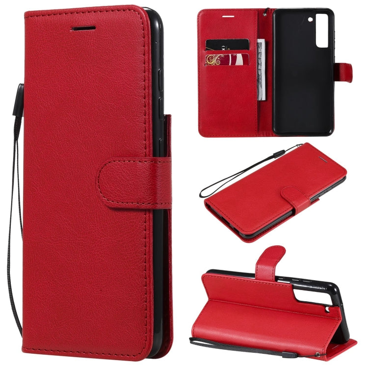 For Samsung Galaxy S21 FE Solid Color Horizontal Flip Protective Leather Case with Holder & Card Slots & Wallet & Photo Frame & Lanyard