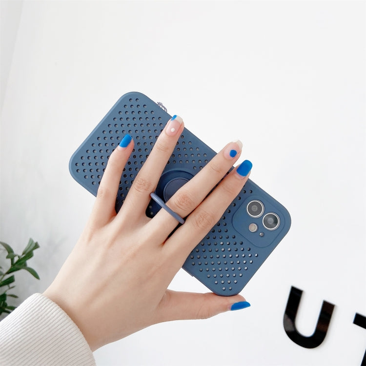 For iPhone 12 mini Heat Dissipation Cooling Holes Liquid Silicone Straight Edge Shockproof Case with Ring Holder & Strap