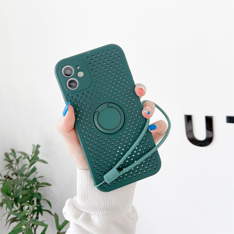For iPhone 12 Heat Dissipation Cooling Holes Liquid Silicone Straight Edge Shockproof Case with Ring Holder & Strap