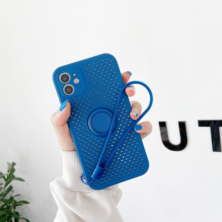 For iPhone 12 Pro Heat Dissipation Cooling Holes Liquid Silicone Straight Edge Shockproof Case with Ring Holder & Strap