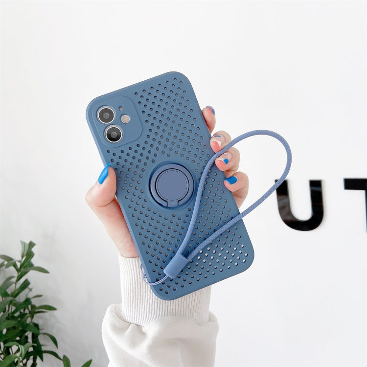 For iPhone 12 Pro Heat Dissipation Cooling Holes Liquid Silicone Straight Edge Shockproof Case with Ring Holder & Strap