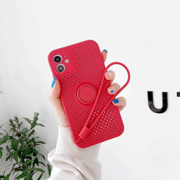 For iPhone 12 Pro Heat Dissipation Cooling Holes Liquid Silicone Straight Edge Shockproof Case with Ring Holder & Strap