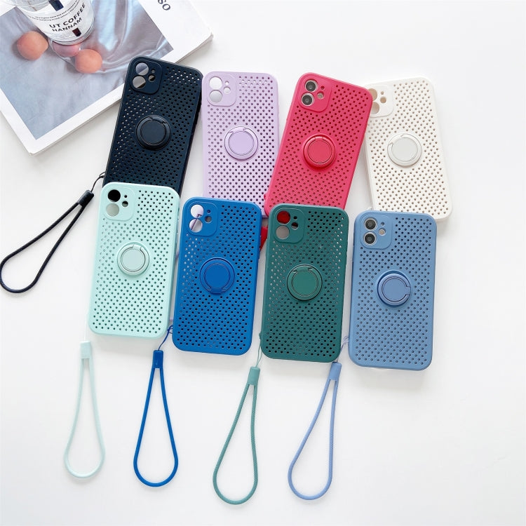 For iPhone 12 Pro Heat Dissipation Cooling Holes Liquid Silicone Straight Edge Shockproof Case with Ring Holder & Strap