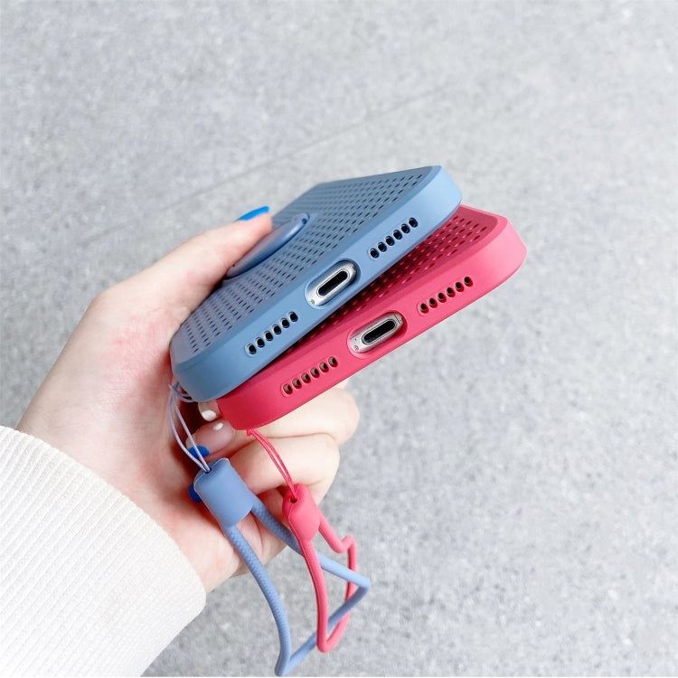 For iPhone 12 Pro Heat Dissipation Cooling Holes Liquid Silicone Straight Edge Shockproof Case with Ring Holder & Strap