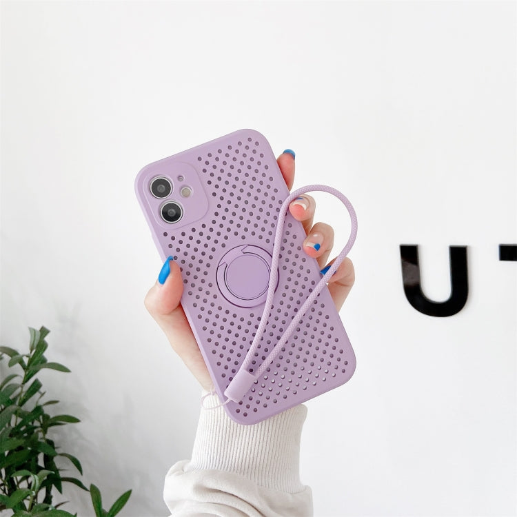 For iPhone 12 Pro Max Heat Dissipation Cooling Holes Liquid Silicone Straight Edge Shockproof Case with Ring Holder & Strap