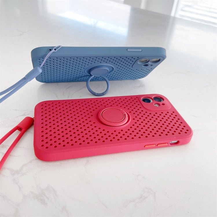 For iPhone 11 Heat Dissipation Cooling Holes Liquid Silicone Straight Edge Shockproof Case with Ring Holder & Strap