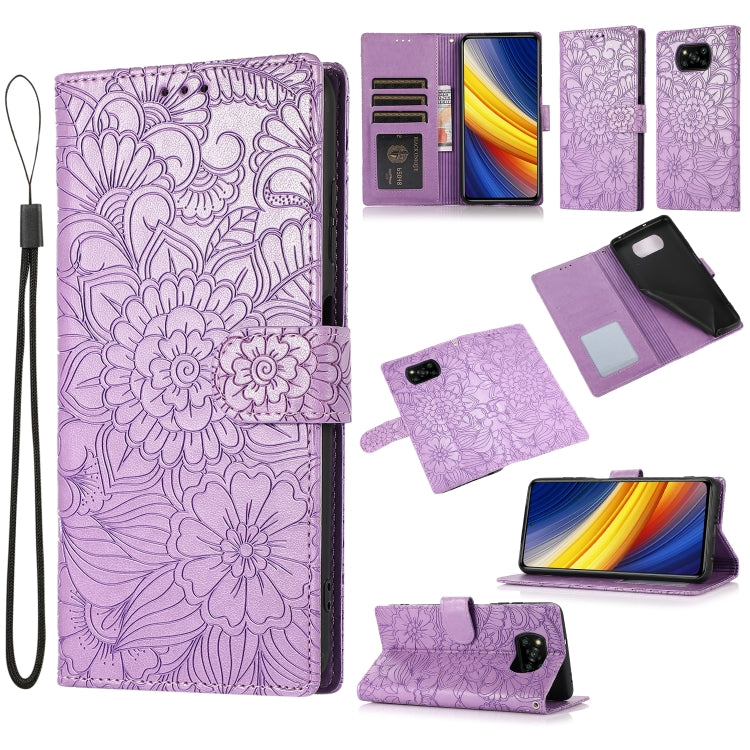 For Xiaomi POCO X3 NFC / X3 Pro / X3 Skin Feel Embossed Sunflower Horizontal Flip Leather Case with Holder & Card Slots & Wallet & Lanyard