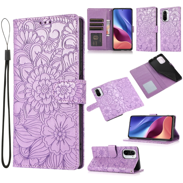 For Xiaomi Redmi K40 / K40 Pro / Poco F3 Skin Feel Embossed Sunflower Horizontal Flip Leather Case with Holder & Card Slots & Wallet & Lanyard