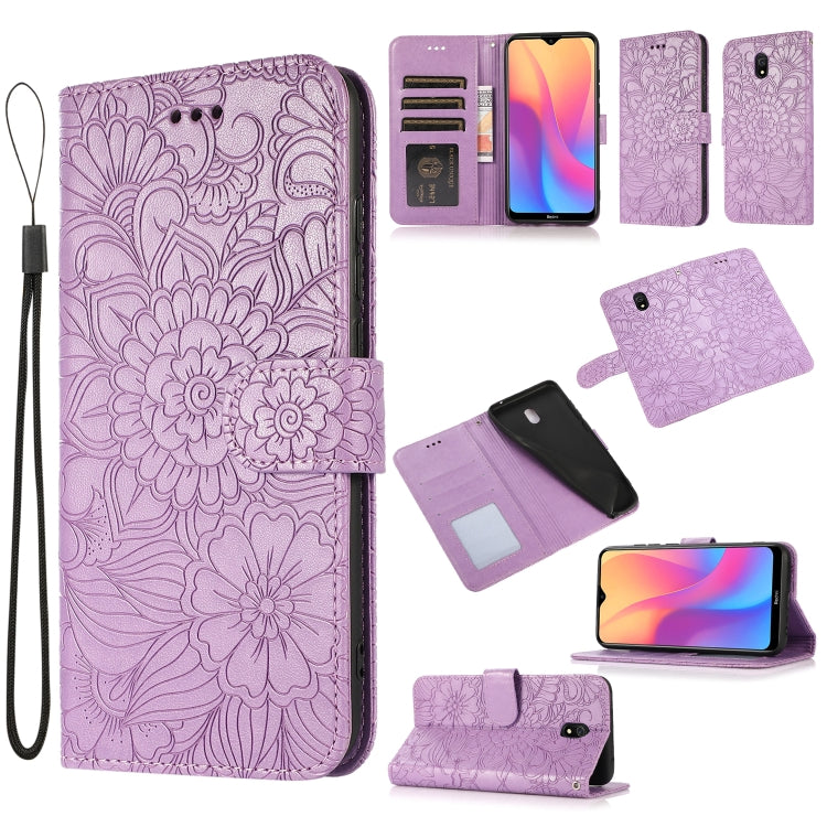 For Xiaomi Redmi 8A Skin Feel Embossed Sunflower Horizontal Flip Leather Case with Holder & Card Slots & Wallet & Lanyard
