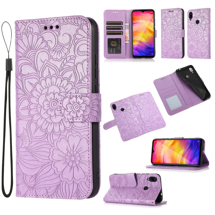 For Xiaomi Redmi Note 7 Skin Feel Embossed Sunflower Horizontal Flip Leather Case with Holder & Card Slots & Wallet & Lanyard