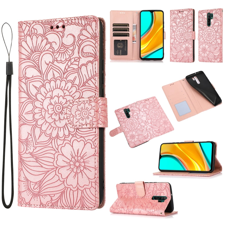 For Xiaomi Redmi 9 Skin Feel Embossed Sunflower Horizontal Flip Leather Case with Holder & Card Slots & Wallet & Lanyard