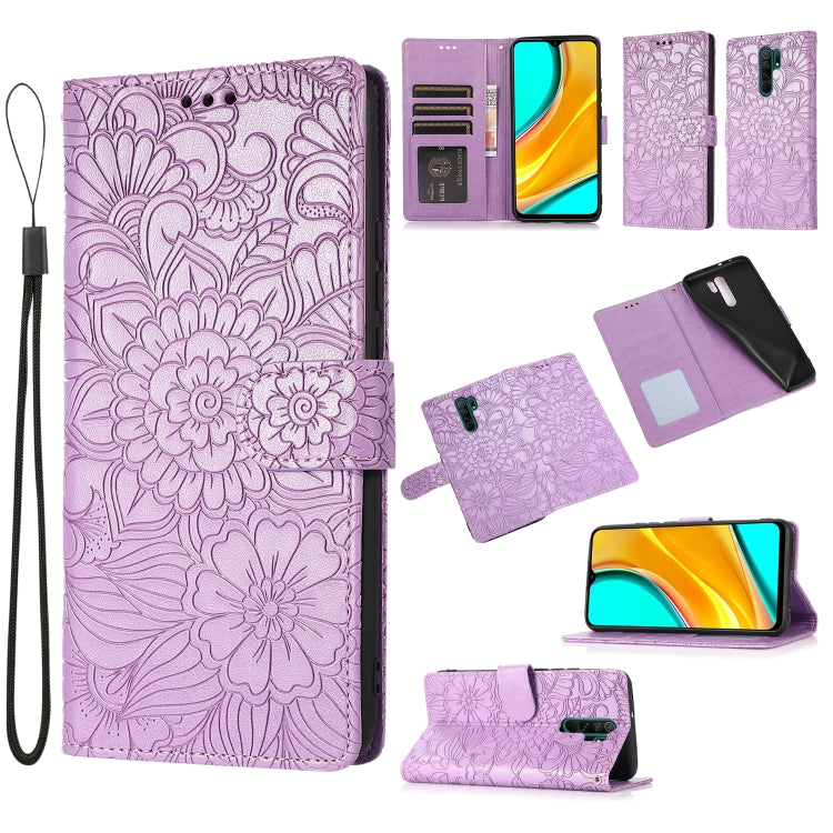 For Xiaomi Redmi 9 Skin Feel Embossed Sunflower Horizontal Flip Leather Case with Holder & Card Slots & Wallet & Lanyard