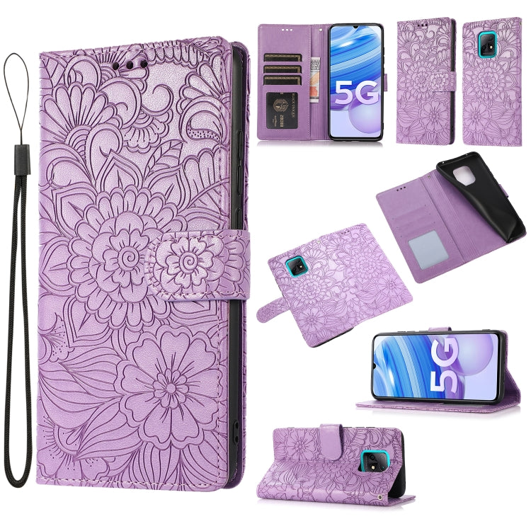 For Xiaomi Redmi 10X 5G Skin Feel Embossed Sunflower Horizontal Flip Leather Case with Holder & Card Slots & Wallet & Lanyard