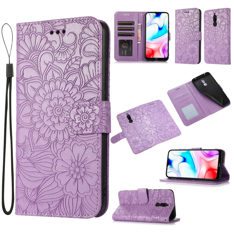 For Xiaomi Redmi 8 Skin Feel Embossed Sunflower Horizontal Flip Leather Case with Holder & Card Slots & Wallet & Lanyard