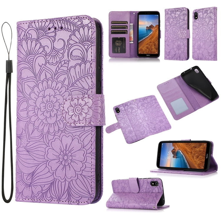 For Xiaomi Redmi 7A Skin Feel Embossed Sunflower Horizontal Flip Leather Case with Holder & Card Slots & Wallet & Lanyard