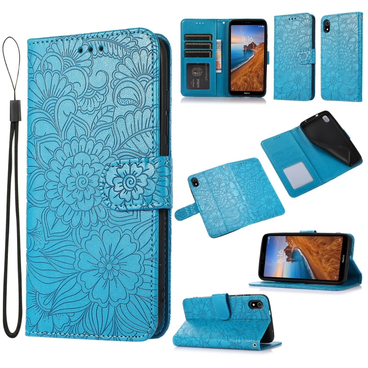 For Xiaomi Redmi 7A Skin Feel Embossed Sunflower Horizontal Flip Leather Case with Holder & Card Slots & Wallet & Lanyard
