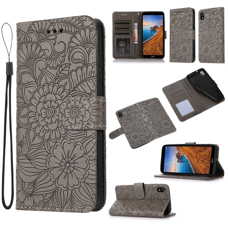 For Xiaomi Redmi 7A Skin Feel Embossed Sunflower Horizontal Flip Leather Case with Holder & Card Slots & Wallet & Lanyard
