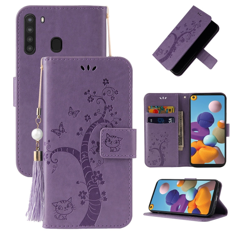 For Samsung Galaxy A21 EU Version Embossed Lucky Tree Horizontal Flip Leather Case with Holder & Card Slot & Wallet & Lanyard