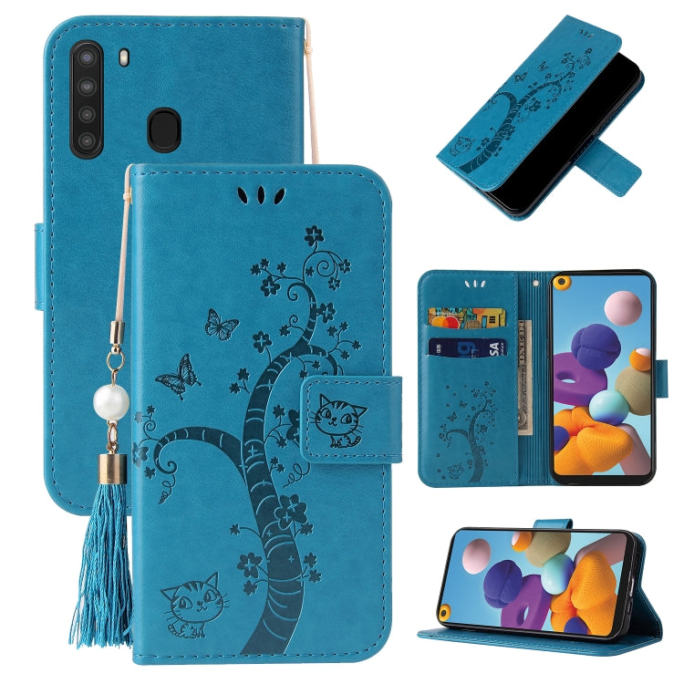 For Samsung Galaxy A21 EU Version Embossed Lucky Tree Horizontal Flip Leather Case with Holder & Card Slot & Wallet & Lanyard