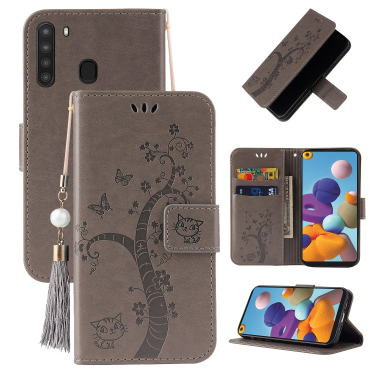 For Samsung Galaxy A21 EU Version Embossed Lucky Tree Horizontal Flip Leather Case with Holder & Card Slot & Wallet & Lanyard