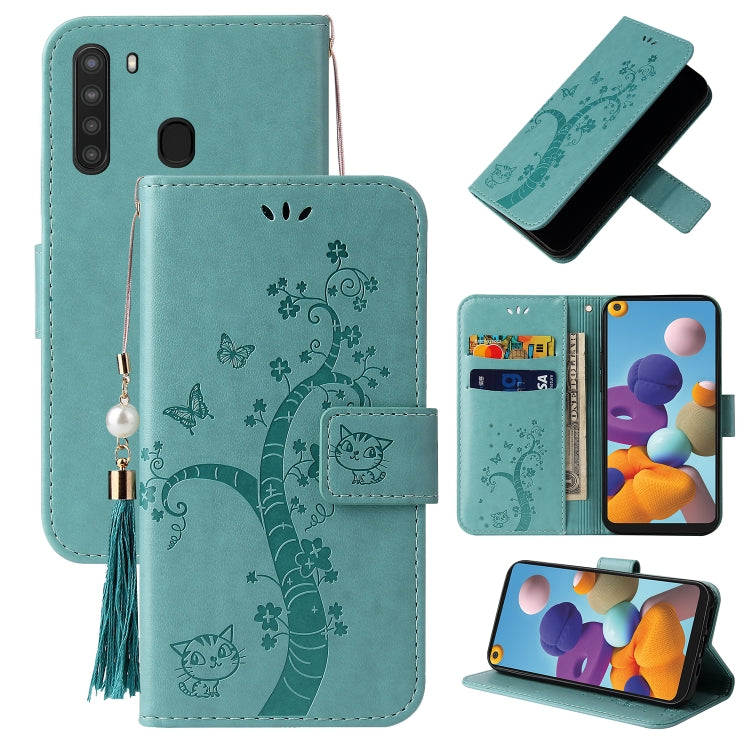 For Samsung Galaxy A21 EU Version Embossed Lucky Tree Horizontal Flip Leather Case with Holder & Card Slot & Wallet & Lanyard