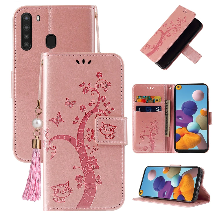 For Samsung Galaxy A21 EU Version Embossed Lucky Tree Horizontal Flip Leather Case with Holder & Card Slot & Wallet & Lanyard
