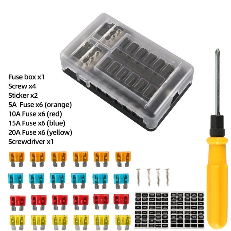 A5632 12-Way Fuse Box Blade Fuse Holder with Terminal + LED Warning Indicator + Screwdriver for Car Marine Boat