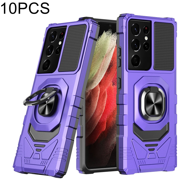 For Samsung Galaxy S21 Ultra 5G 10 PCS Armor Magnetic PC + TPU Shockproof Case with 360 Degree Rotation Ring Holder