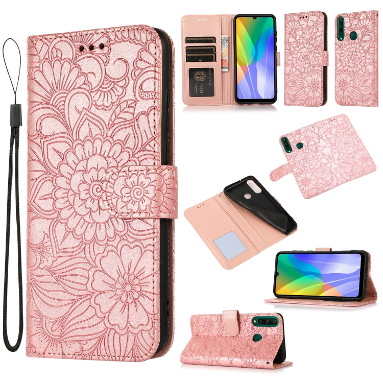 For Huawei Y6p Skin Feel Embossed Sunflower Horizontal Flip Leather Case with Holder & Card Slots & Wallet & Lanyard