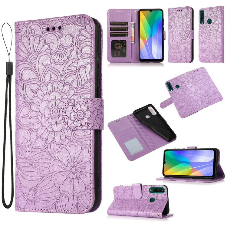 For Huawei Y6p Skin Feel Embossed Sunflower Horizontal Flip Leather Case with Holder & Card Slots & Wallet & Lanyard