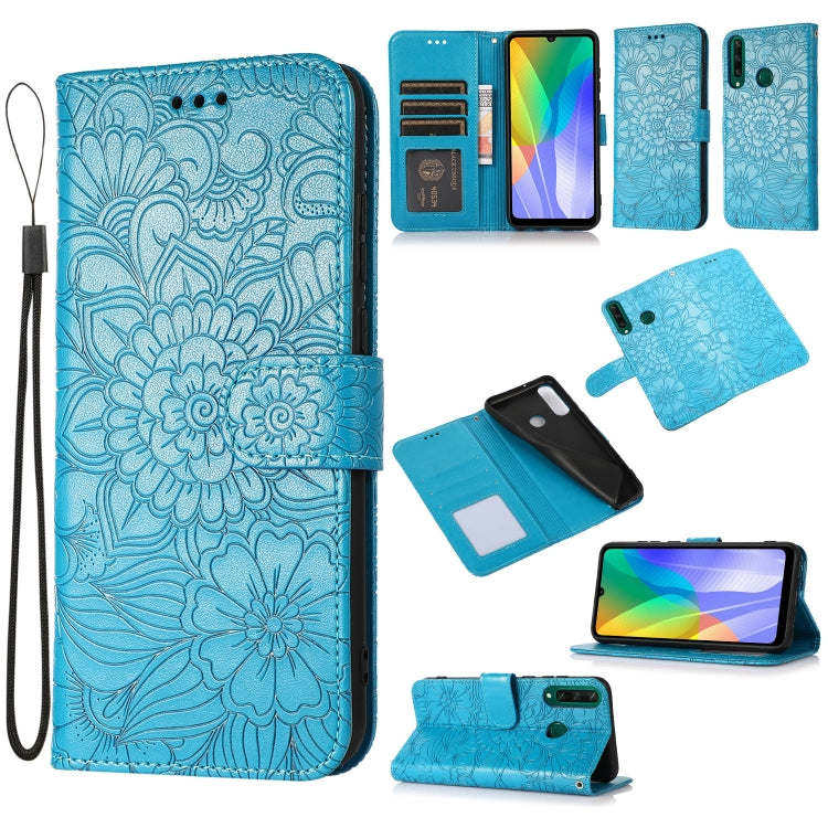 For Huawei Y6p Skin Feel Embossed Sunflower Horizontal Flip Leather Case with Holder & Card Slots & Wallet & Lanyard