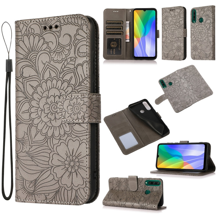 For Huawei Y6p Skin Feel Embossed Sunflower Horizontal Flip Leather Case with Holder & Card Slots & Wallet & Lanyard