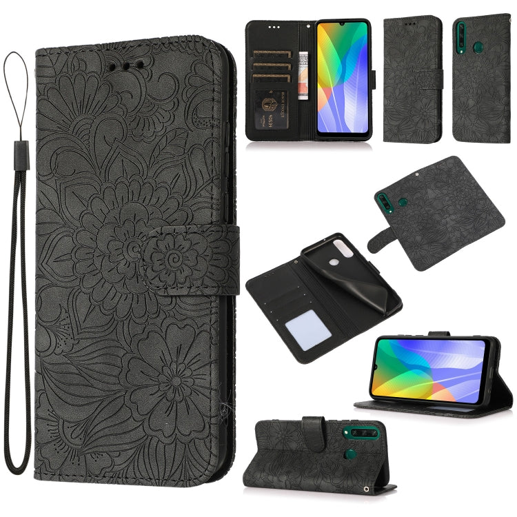 For Huawei Y6p Skin Feel Embossed Sunflower Horizontal Flip Leather Case with Holder & Card Slots & Wallet & Lanyard