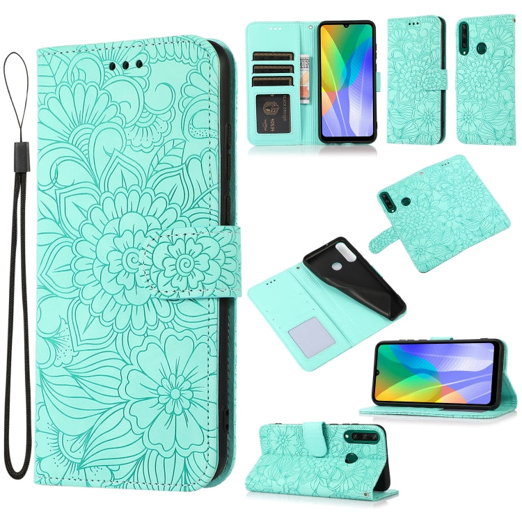 For Huawei Y6p Skin Feel Embossed Sunflower Horizontal Flip Leather Case with Holder & Card Slots & Wallet & Lanyard