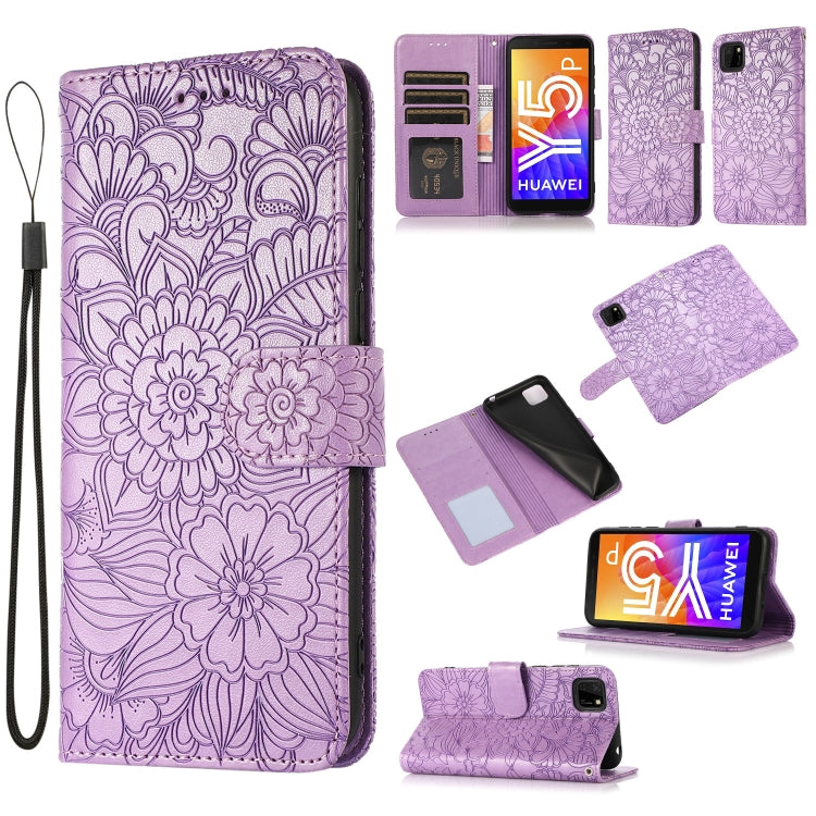 For Huawei Y5p Skin Feel Embossed Sunflower Horizontal Flip Leather Case with Holder & Card Slots & Wallet & Lanyard