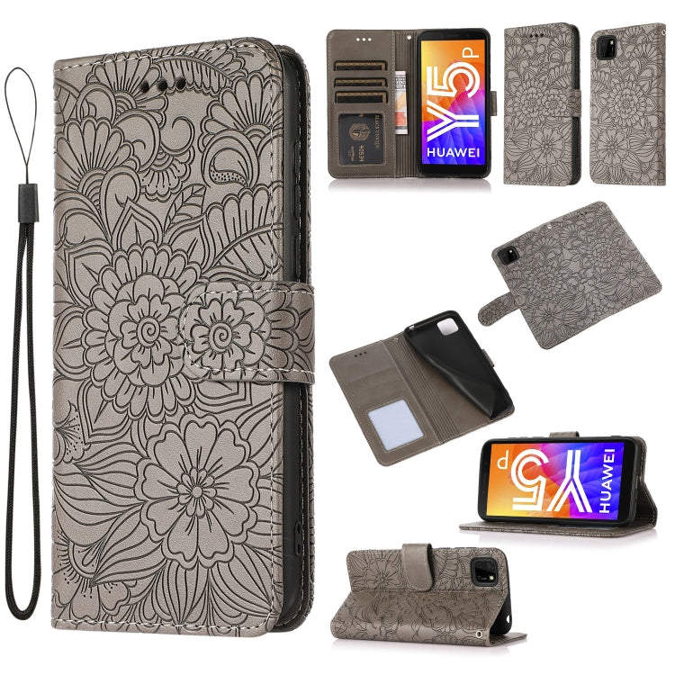 For Huawei Y5p Skin Feel Embossed Sunflower Horizontal Flip Leather Case with Holder & Card Slots & Wallet & Lanyard