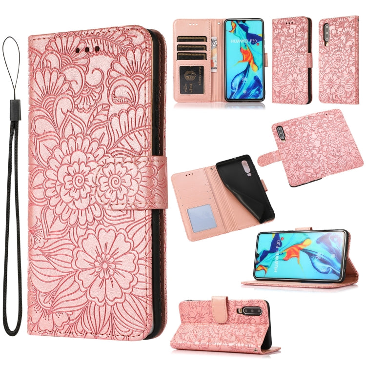 For Huawei P30 Skin Feel Embossed Sunflower Horizontal Flip Leather Case with Holder & Card Slots & Wallet & Lanyard