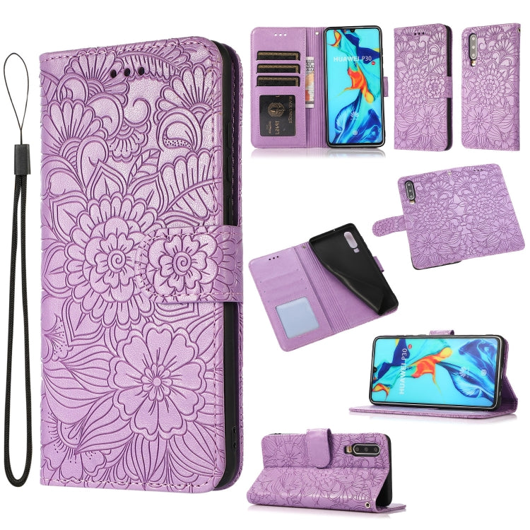 For Huawei P30 Skin Feel Embossed Sunflower Horizontal Flip Leather Case with Holder & Card Slots & Wallet & Lanyard