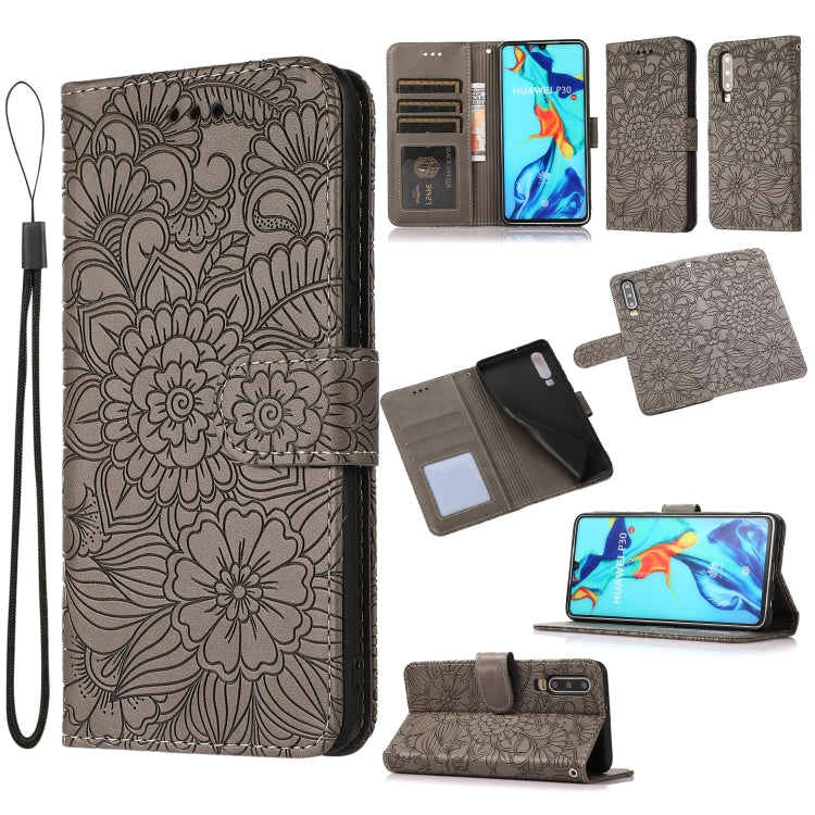 For Huawei P30 Skin Feel Embossed Sunflower Horizontal Flip Leather Case with Holder & Card Slots & Wallet & Lanyard
