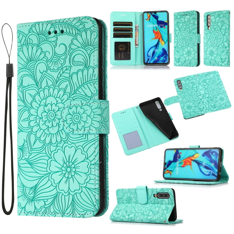 For Huawei P30 Skin Feel Embossed Sunflower Horizontal Flip Leather Case with Holder & Card Slots & Wallet & Lanyard
