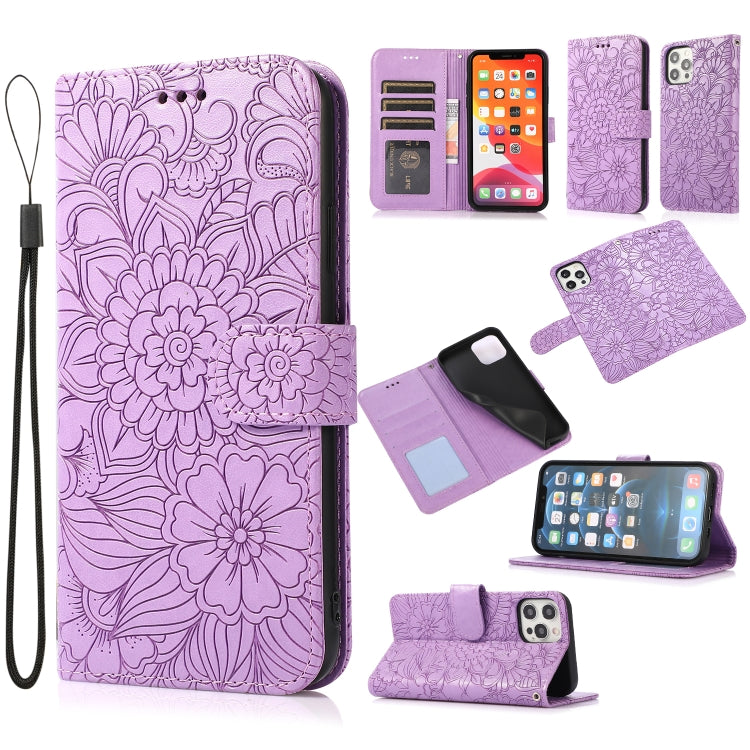 For iPhone 12 Pro Skin Feel Embossed Sunflower Horizontal Flip Leather Case with Holder & Card Slots & Wallet & Lanyard