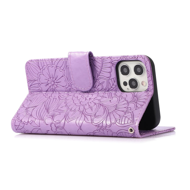 For iPhone 12 Pro Skin Feel Embossed Sunflower Horizontal Flip Leather Case with Holder & Card Slots & Wallet & Lanyard