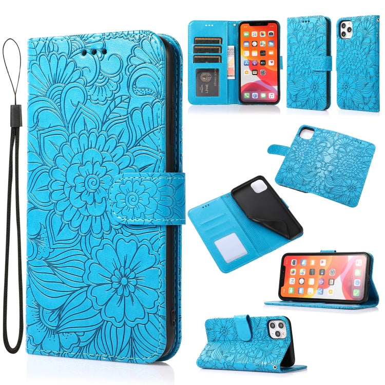 For iPhone 12 Pro Skin Feel Embossed Sunflower Horizontal Flip Leather Case with Holder & Card Slots & Wallet & Lanyard