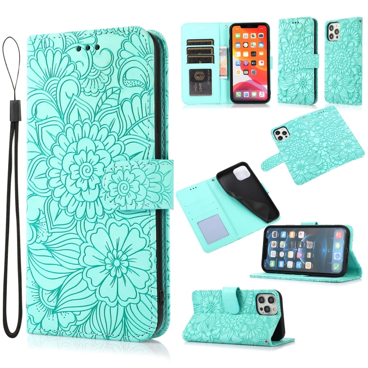For iPhone 12 Pro Skin Feel Embossed Sunflower Horizontal Flip Leather Case with Holder & Card Slots & Wallet & Lanyard