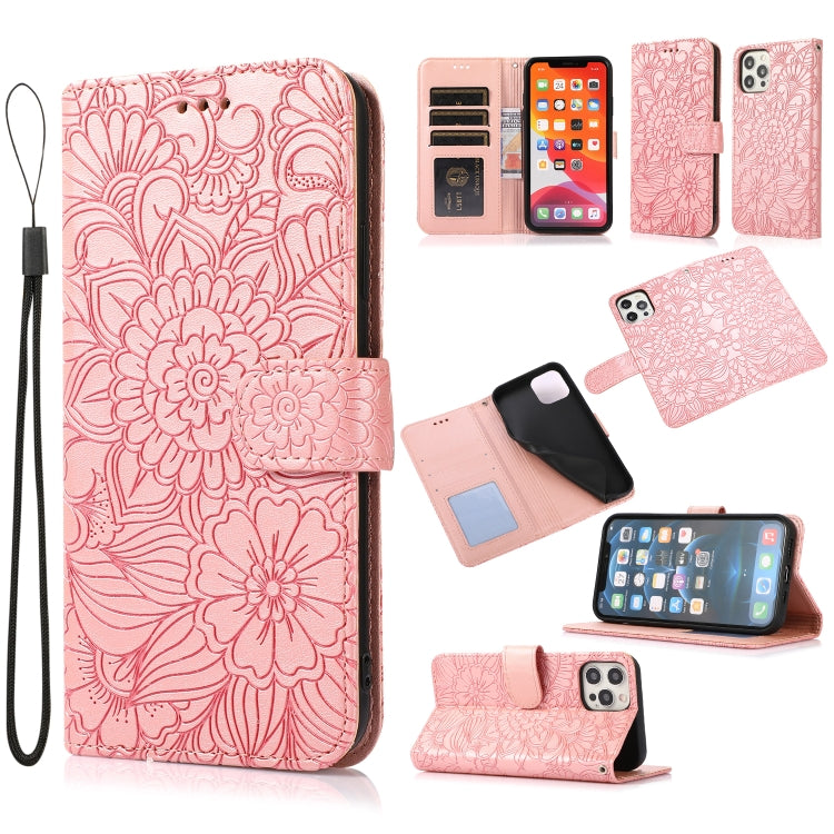 For iPhone 12 Pro Skin Feel Embossed Sunflower Horizontal Flip Leather Case with Holder & Card Slots & Wallet & Lanyard