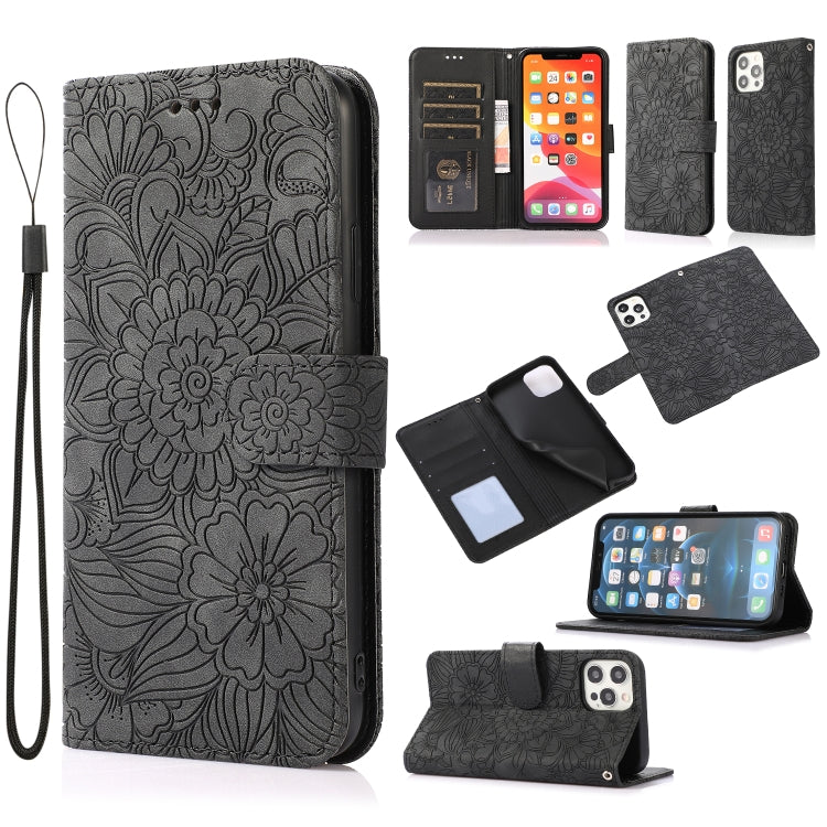 For iPhone 12 Pro Skin Feel Embossed Sunflower Horizontal Flip Leather Case with Holder & Card Slots & Wallet & Lanyard