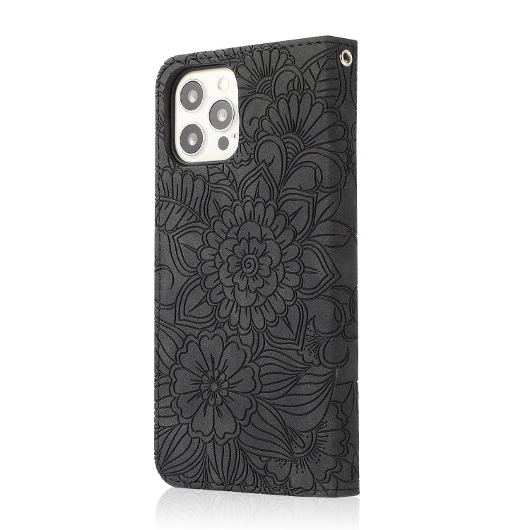 For iPhone 12 Pro Skin Feel Embossed Sunflower Horizontal Flip Leather Case with Holder & Card Slots & Wallet & Lanyard