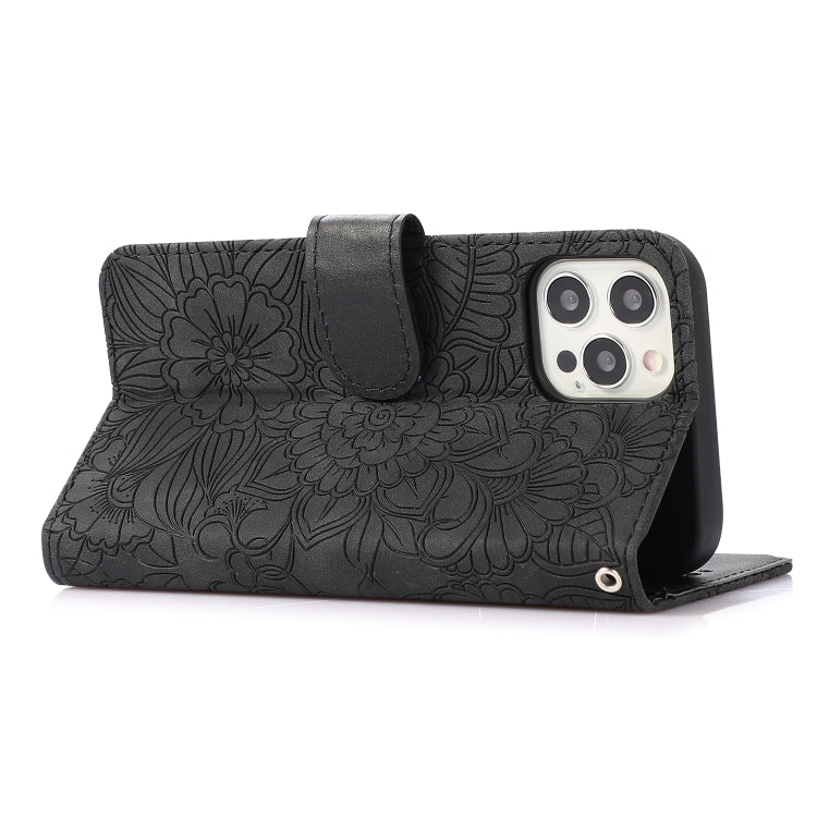 For iPhone 12 Pro Skin Feel Embossed Sunflower Horizontal Flip Leather Case with Holder & Card Slots & Wallet & Lanyard