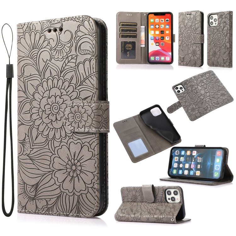 For iPhone 12 Pro Skin Feel Embossed Sunflower Horizontal Flip Leather Case with Holder & Card Slots & Wallet & Lanyard