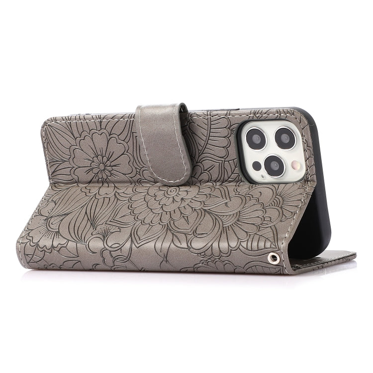 For iPhone 12 Pro Skin Feel Embossed Sunflower Horizontal Flip Leather Case with Holder & Card Slots & Wallet & Lanyard